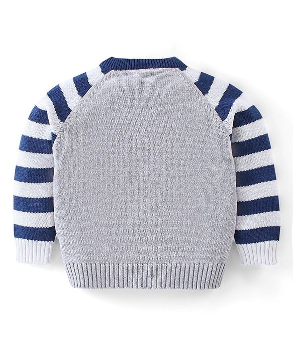Babyhug Organic Cotton Knit Full Sleeves Striped Sweater Set with Penguin Design - Navy & Grey
