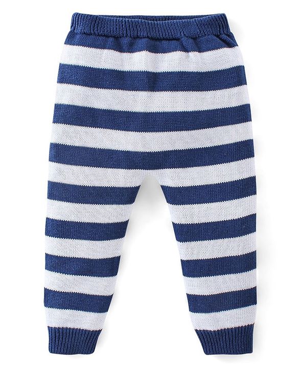 Babyhug Organic Cotton Knit Full Sleeves Striped Sweater Set with Penguin Design - Navy & Grey