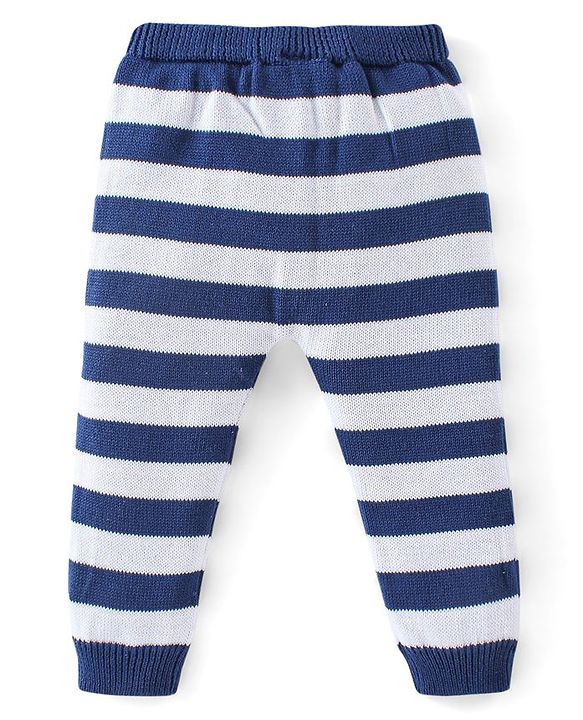 Babyhug Organic Cotton Knit Full Sleeves Striped Sweater Set with Penguin Design - Navy & Grey