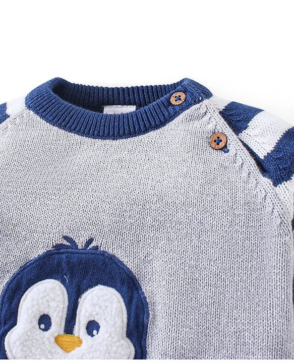 Babyhug Organic Cotton Knit Full Sleeves Striped Sweater Set with Penguin Design - Navy & Grey