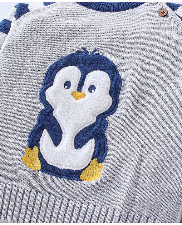 Babyhug Organic Cotton Knit Full Sleeves Striped Sweater Set with Penguin Design - Navy & Grey