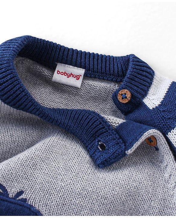 Babyhug Organic Cotton Knit Full Sleeves Striped Sweater Set with Penguin Design - Navy & Grey