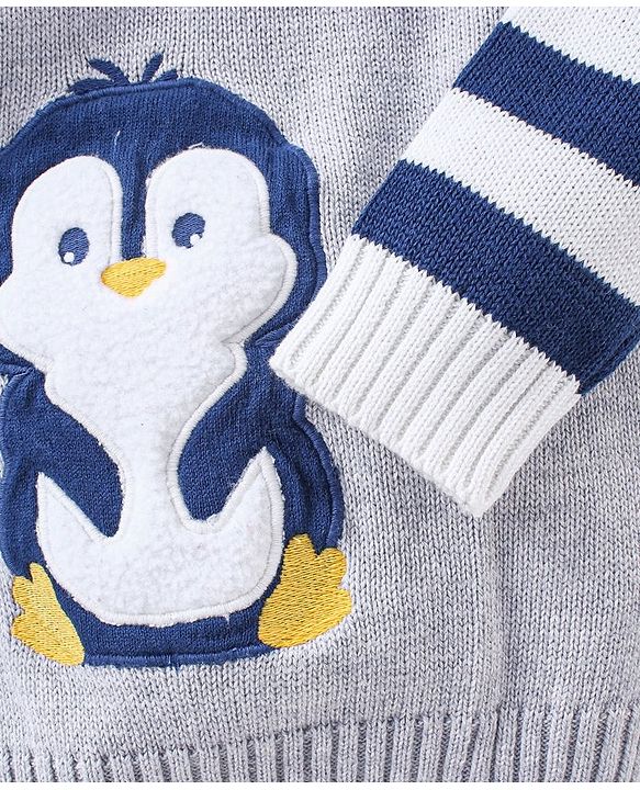 Babyhug Organic Cotton Knit Full Sleeves Striped Sweater Set with Penguin Design - Navy & Grey