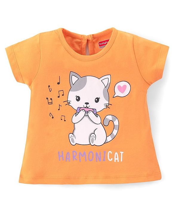 Babyhug Cotton Half Sleeves Tee With Kitty Graphics- Orange