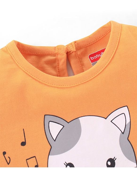 Babyhug Cotton Half Sleeves Tee With Kitty Graphics- Orange