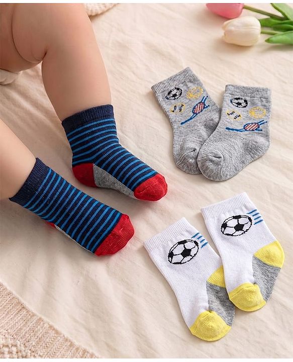 Cutewalk By Babyhug Cotton Anti Bacterial Ankle Length Striped & Ball Print Socks Pack of 3 - Grey White & Blue
