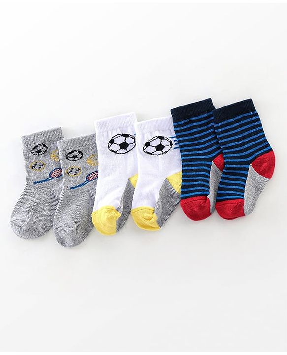 Cutewalk By Babyhug Cotton Anti Bacterial Ankle Length Striped & Ball Print Socks Pack of 3 - Grey White & Blue