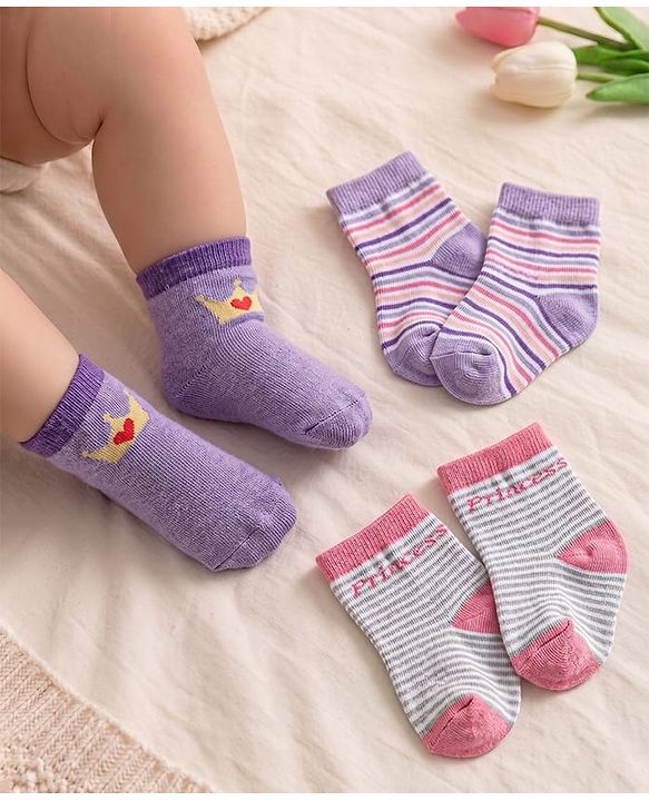 Cutewalk By Babyhug Cotton Anti Bacterial Ankle Length Striped Socks Pack of 3 - Purple & Pink