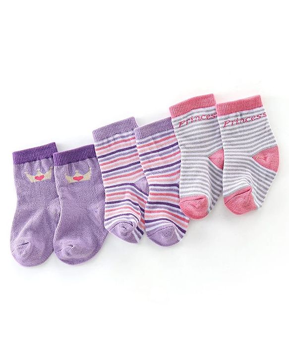 Cutewalk By Babyhug Cotton Anti Bacterial Ankle Length Striped Socks Pack of 3 - Purple & Pink