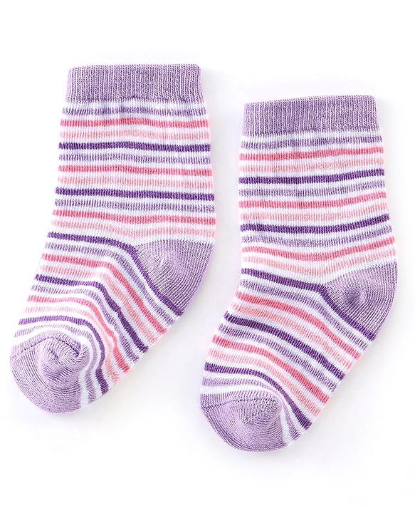 Cutewalk By Babyhug Cotton Anti Bacterial Ankle Length Striped Socks Pack of 3 - Purple & Pink
