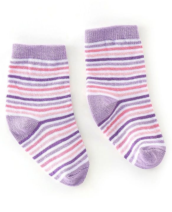 Cutewalk By Babyhug Cotton Anti Bacterial Ankle Length Striped Socks Pack of 3 - Purple & Pink