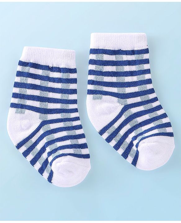 Cutewalk By Babyhug Anti Bacterial Ankle Length Socks Stripes & Bicycle Design Pack of 3- White & Blue