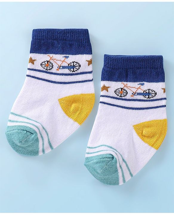 Cutewalk By Babyhug Anti Bacterial Ankle Length Socks Stripes & Bicycle Design Pack of 3- White & Blue