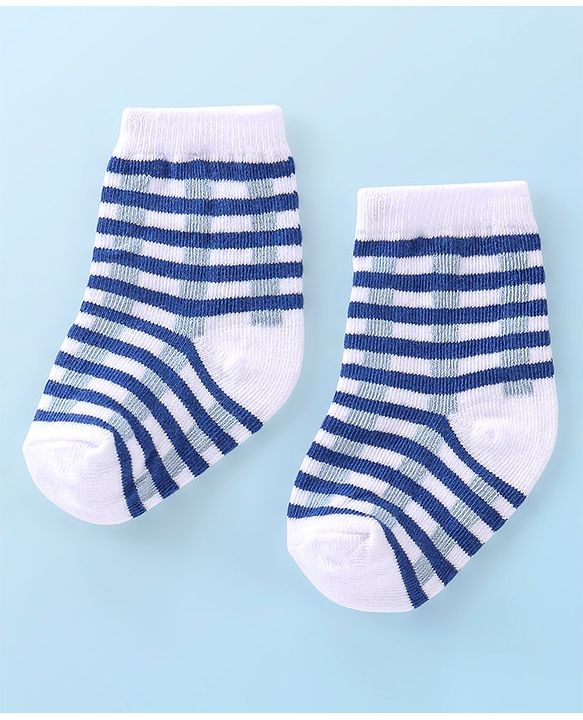 Cutewalk By Babyhug Anti Bacterial Ankle Length Socks Stripes & Bicycle Design Pack of 3- White & Blue