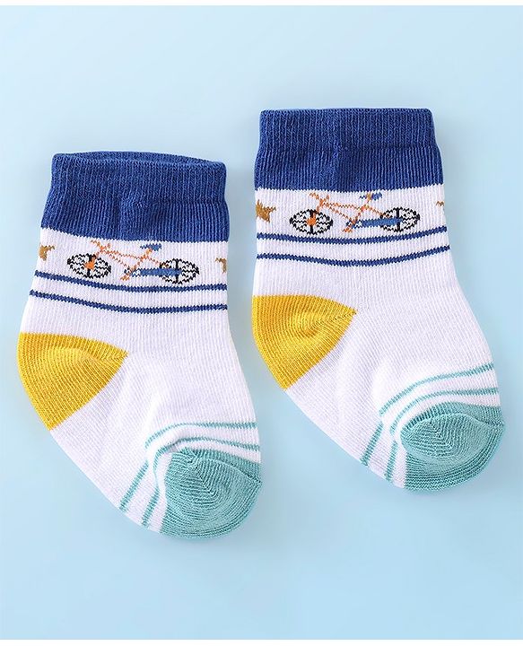 Cutewalk By Babyhug Anti Bacterial Ankle Length Socks Stripes & Bicycle Design Pack of 3- White & Blue