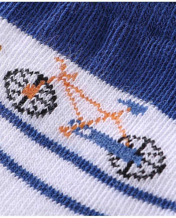 Cutewalk By Babyhug Anti Bacterial Ankle Length Socks Stripes & Bicycle Design Pack of 3- White & Blue