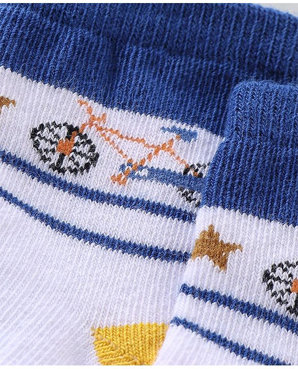 Cutewalk By Babyhug Anti Bacterial Ankle Length Socks Stripes & Bicycle Design Pack of 3- White & Blue