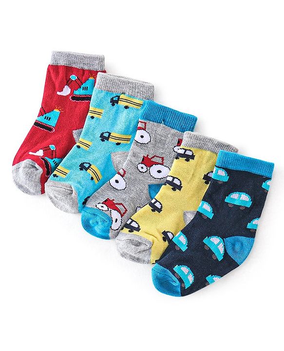 Cutewalk By Babyhug Cotton Anti Bacterial Ankle Length Car Print Socks Pack of 5 - Red Blue & Grey