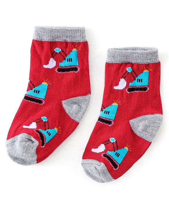 Cutewalk By Babyhug Cotton Anti Bacterial Ankle Length Car Print Socks Pack of 5 - Red Blue & Grey