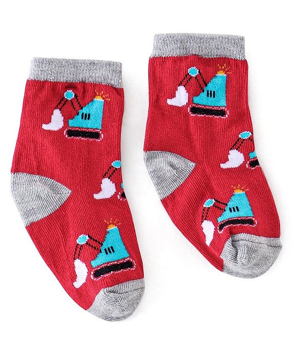 Cutewalk By Babyhug Cotton Anti Bacterial Ankle Length Car Print Socks Pack of 5 - Red Blue & Grey