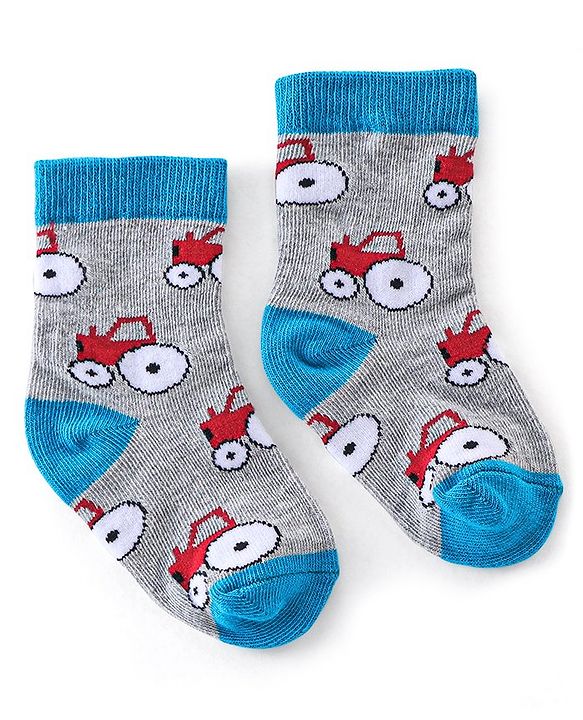 Cutewalk By Babyhug Cotton Anti Bacterial Ankle Length Car Print Socks Pack of 5 - Red Blue & Grey