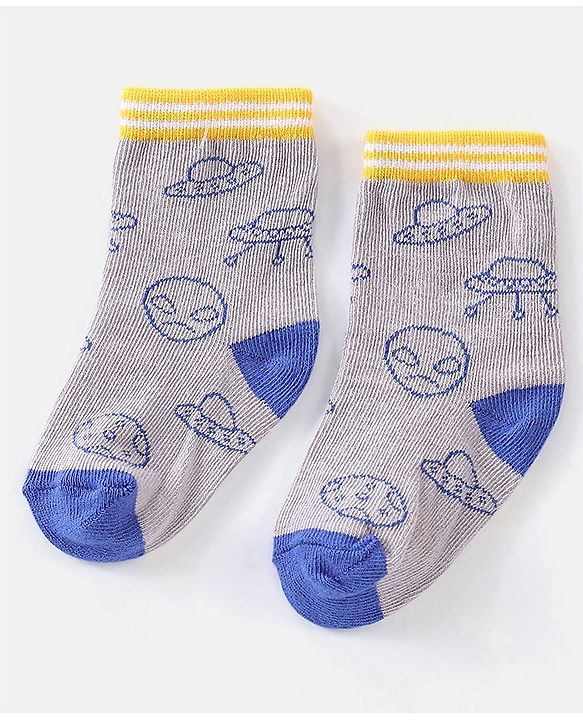 Cutewalk By Babyhug Cotton Anti Bacterial Ankle Length Space Design Socks Pack of 5 - Grey Blue & White