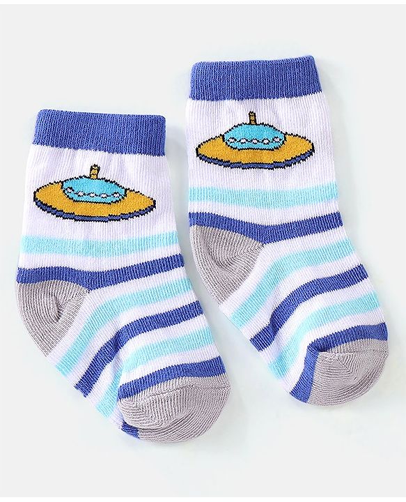 Cutewalk By Babyhug Cotton Anti Bacterial Ankle Length Space Design Socks Pack of 5 - Grey Blue & White