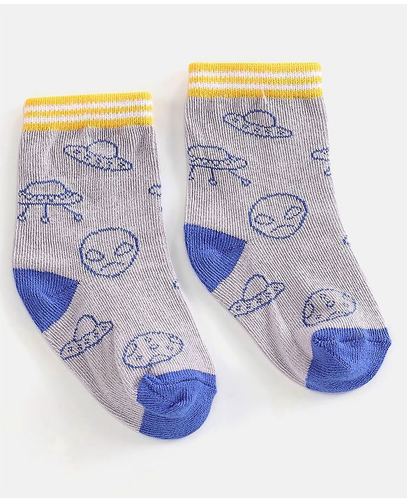 Cutewalk By Babyhug Cotton Anti Bacterial Ankle Length Space Design Socks Pack of 5 - Grey Blue & White