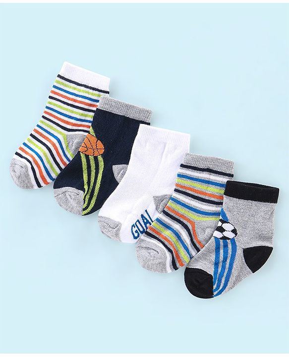Cute Walk by Babyhug Cotton Knit Anti Bacterial Ankle Length Socks Stripes & Ball Design Pack of 5 - Black Grey & White