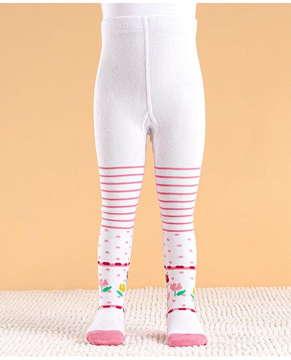 Cute Walk by Babyhug Cotton Antibacterial Striped Footed Tights - White