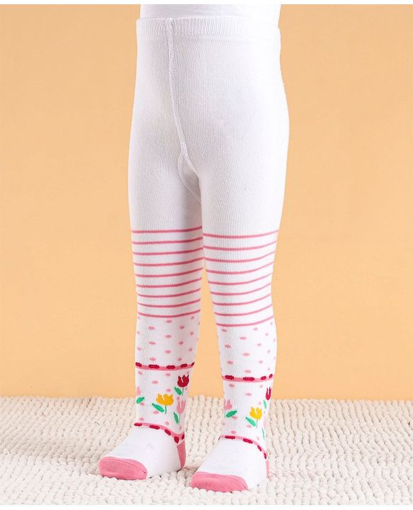 Cute Walk by Babyhug Cotton Antibacterial Striped Footed Tights - White