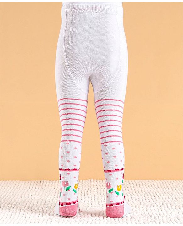 Cute Walk by Babyhug Cotton Antibacterial Striped Footed Tights - White
