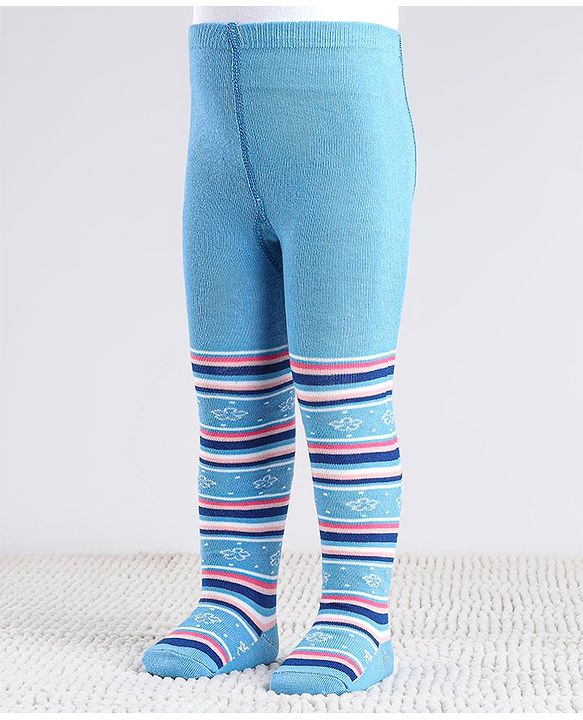 Cute Walk by Babyhug Cotton Antibacterial Striped Footed Tights - Blue