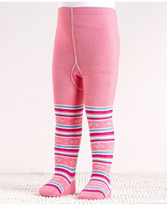 Cute Walk by Babyhug Cotton Antibacterial Striped Footed Tights - Pink