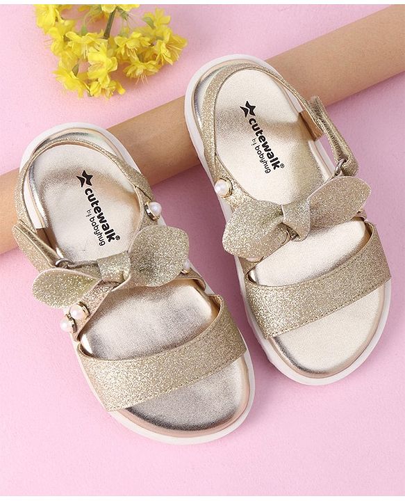 Cute Walk by Babyhug Velcro Closure Formal & Party Wear Embellished Sandals with Bow Applique - Gold