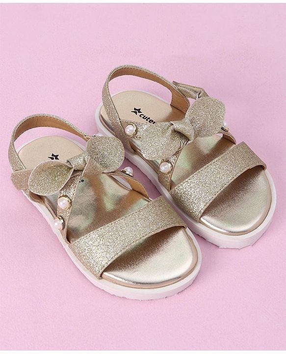 Cute Walk by Babyhug Velcro Closure Formal & Party Wear Embellished Sandals with Bow Applique - Gold