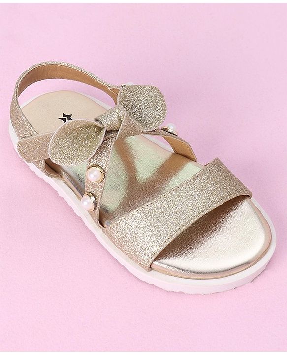 Cute Walk by Babyhug Velcro Closure Formal & Party Wear Embellished Sandals with Bow Applique - Gold