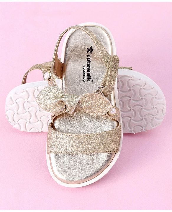 Cute Walk by Babyhug Velcro Closure Formal & Party Wear Embellished Sandals with Bow Applique - Gold