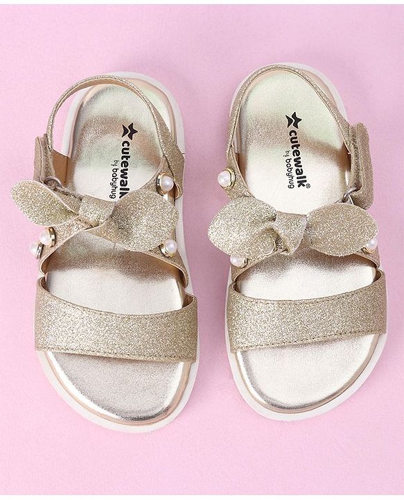 Cute Walk by Babyhug Velcro Closure Formal & Party Wear Embellished Sandals with Bow Applique - Gold