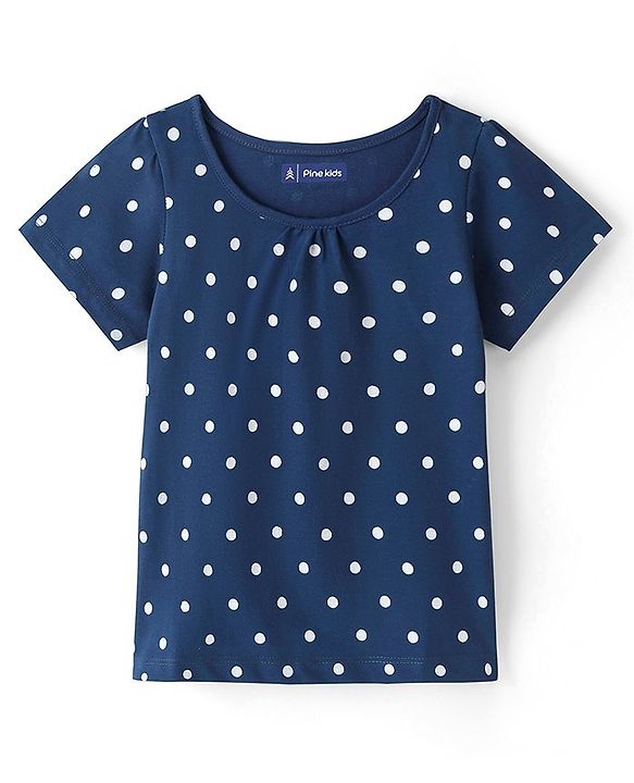 Pine Kids 100% Cotton Knit Half Sleeves Top Polka Dot Print - Navy Blue