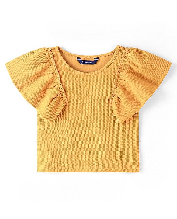 Pine Kids Knitted Ruffle Sleeves Stretchable Solid Top - Mustard Yellow