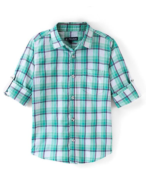 Pine Kids 100% Cotton Full Sleeves Check Shirts - Green