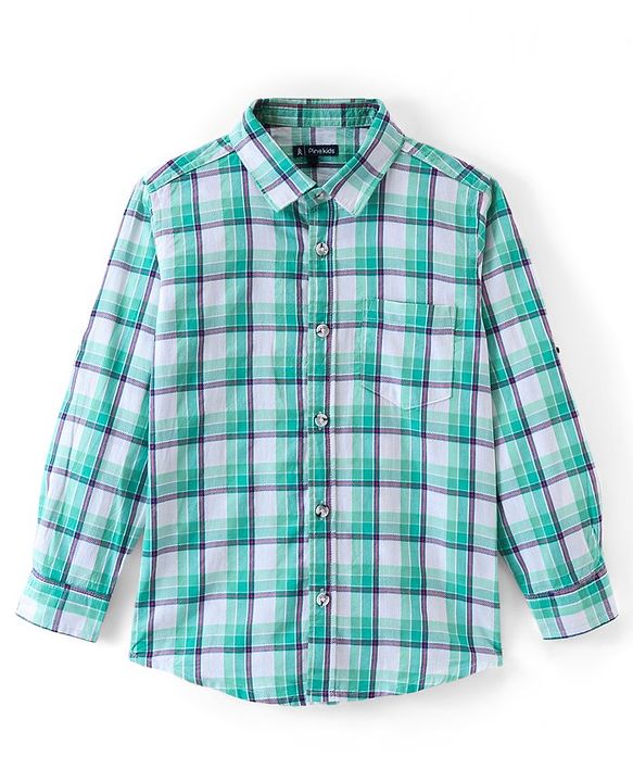 Pine Kids 100% Cotton Full Sleeves Check Shirts - Green