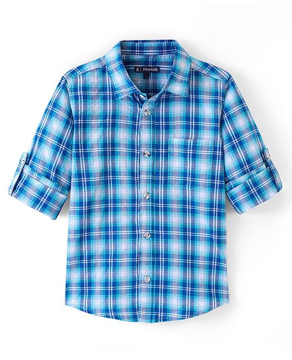 Pine Kids 100% Cotton Full Sleeves Check Shirts - Blue