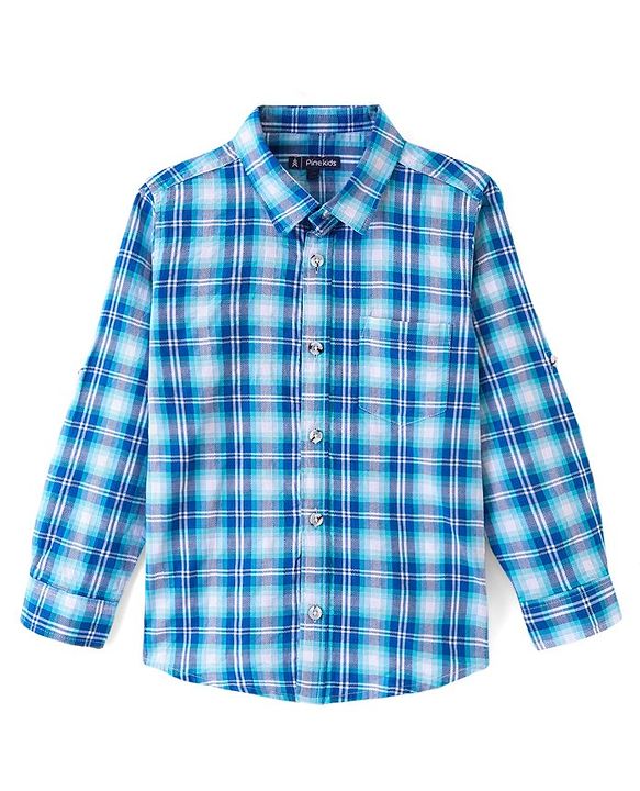 Pine Kids 100% Cotton Full Sleeves Check Shirts - Blue