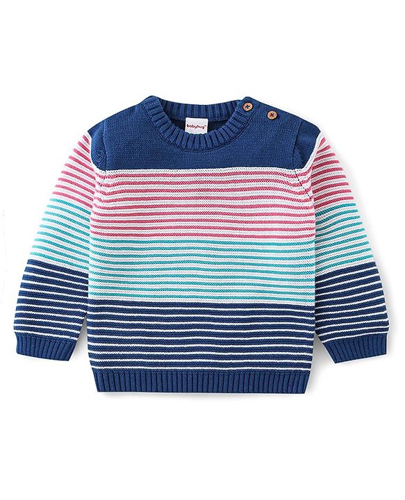 Babyhug Organic Cotton Knit Full Sleeves Striped Sweater Set - Pink & Blue