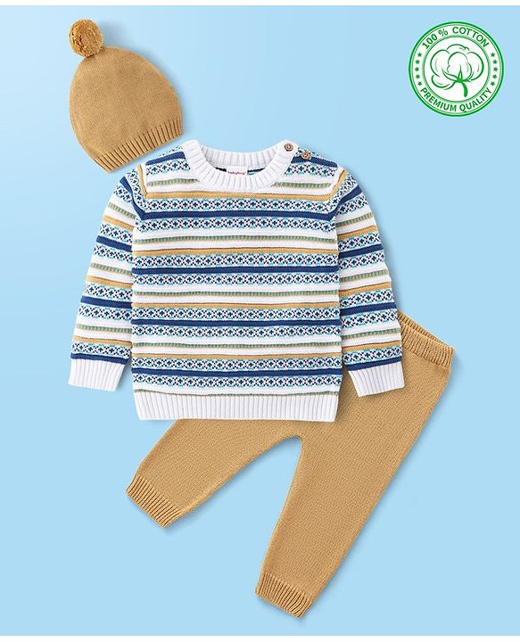 Babyhug Organic Cotton Knit Full Sleeves Striped Sweater Set - Mustard & Blue