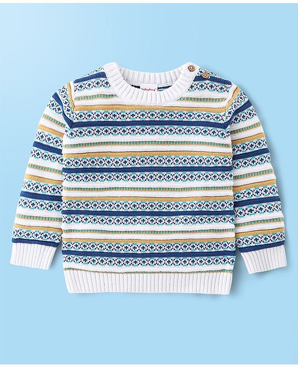 Babyhug Organic Cotton Knit Full Sleeves Striped Sweater Set - Mustard & Blue