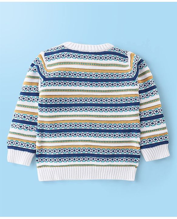 Babyhug Organic Cotton Knit Full Sleeves Striped Sweater Set - Mustard & Blue