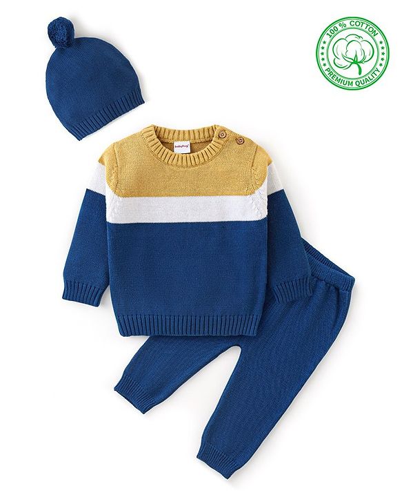 Babyhug Organic Cotton Full Sleeves Sweater Set Color Block Design- Mustard & Blue